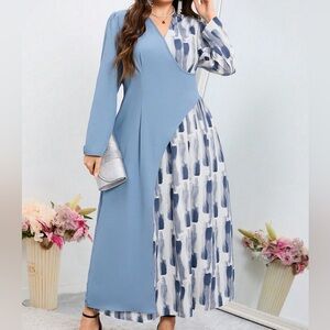 Plus Size Printed Patchwork Wrap Dress